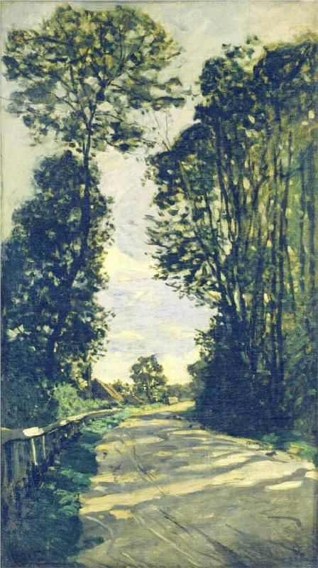 an oil painting of trees and dirt road