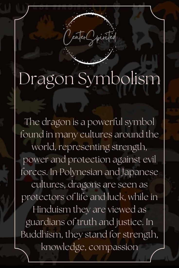 the dragon symbol is in front of a black background with white lettering and an image of animals