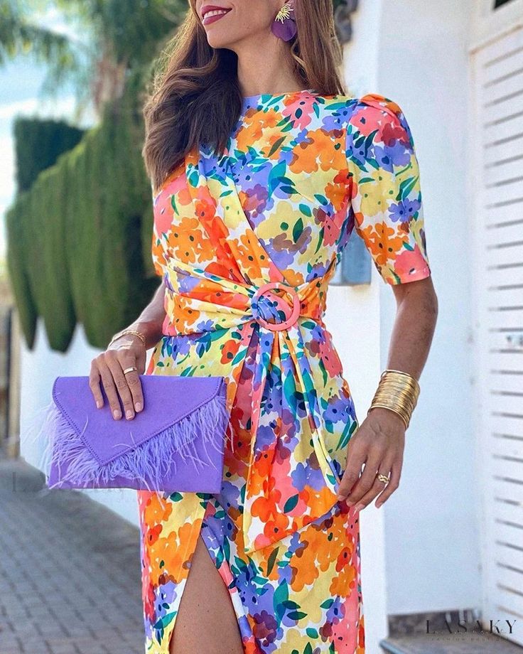 Lasaky - Beautiful Belted Floral Wrap Dress Elegant Multicolor Floral Dress For Summer, Spring Floral Printed Dress For Party, Multicolor Floral Mini Dress For Party, Summer Sheath Maxi Dress With Floral Print, Summer Floral Print Sheath Maxi Dress, Fitted Floral Dress With Vibrant Print For Summer, Spring Party Midi Dress With Vibrant Print, Elegant Multicolor Floral Dress With Short Sleeves, Summer Floral Dress With Vibrant Print