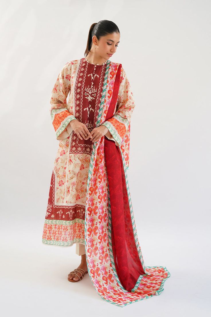 Laiya Red Lawn Suit With Sheer Dupatta For Eid, Red Silk Anarkali Lawn Suit, Red Silk Lawn Suit For Eid, Red Naqshi Dupatta, Red Lawn Suit With Sheer Dupatta And Straight Kurta, Red Silk Lawn Suit With Traditional Drape, Festive Red Dupatta With Naqshi Detail, Red Naqshi Kurta, Red Unstitched Kurta With Naqshi