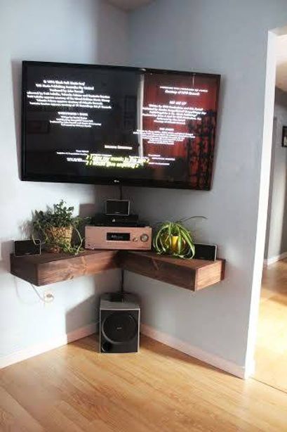 a flat screen tv sitting on top of a wooden shelf next to a planter