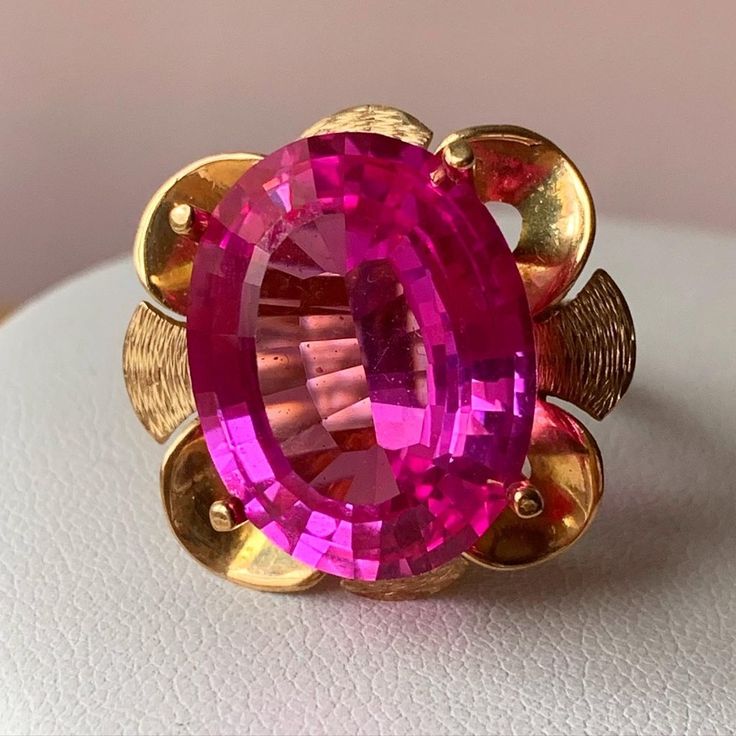 I Do Not Think This Ring Requires A Lot Of Introduction: Its One Of A Kind!!! Here Is Some Info On It: Done In Solid 14k Yellow Gold (Tested, Not Stamped, 100 % Guaranteed) , Size 8.75 On Ring Mandrel, Weights 11.79 Grams. The Huge, Oval, Faceted Intense Pink Synthetic Sapphire Stone Is Approx. 21mm By 17 In Size . The Whole Ring "Face" Is Approx. 26mm Long By 27mm Wide .The Ring Sits 14mm High Off The Finger. The Stone Displays No Visible To The Naked Eye Scratches. This Is An Amazing , Grand S Ring Mandrel, Sapphire Stone, Flower Ring, Pink Sapphire, Womens Jewelry Rings, Sapphire, Yellow Gold, Women Jewelry, Stone