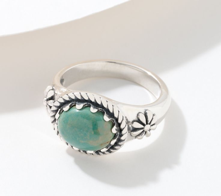 Gift yourself (or someone special) a great way to add some unexpected color and Southwestern style to your look with this gemstone concha ring. Unlike anything else in your jewelry collection, the oval-shaped gemstone cabochon sits in an east-west design with a serrated bezel, rope border, and concha flowers on either side. From American West Jewelry. West East, Rope Border, Special A, American West, Southwestern Style, Someone Special, East West, Green Turquoise, Ring Sterling Silver