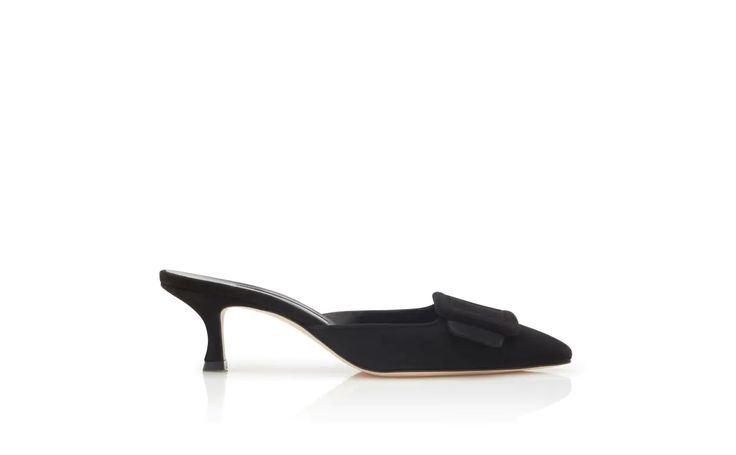 MAYSALE | Black Suede Kitten Heel Mules | Manolo Blahnik Classic Flat Heel Mules For Evening, Chic Kitten Heels With Sculpted Heel For Cocktail, Chic Low Heel Mules For Evening, Chic Evening Mules With Low Heel, Chic Flat Mules With Padded Heel, Chic Flat Heeled Mules With Padded Heel, Chic Flat Heel Mules With Padded Heel, Workwear Mules With Padded Low Heel, Low Heel Mules With Padded Heel For Work