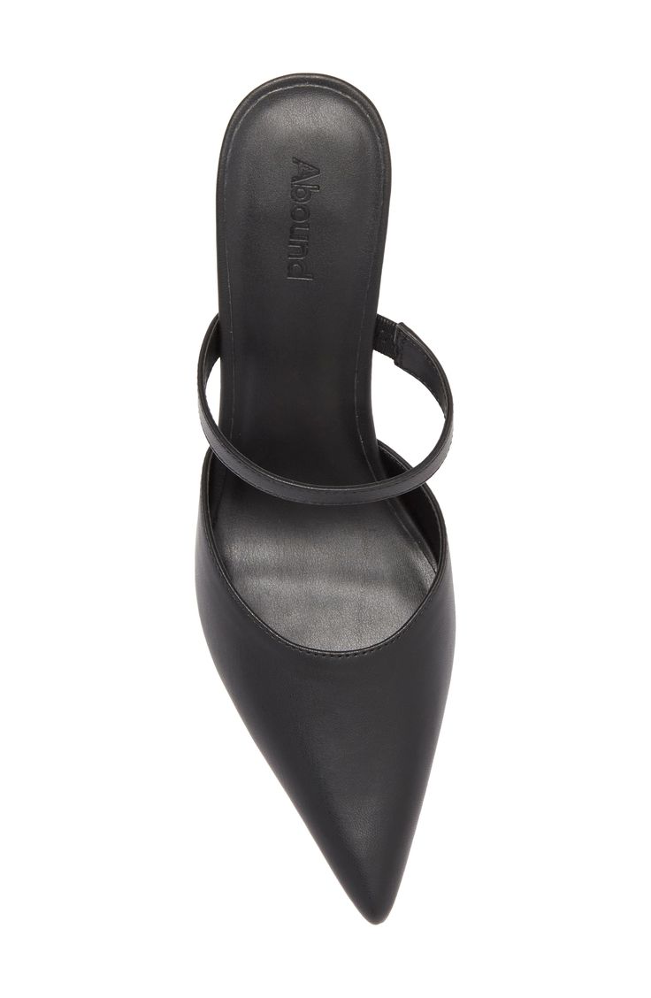 A slender elastic-anchored vamp strap secures the instep of an elegant pointed-toe mule. Synthetic upper, lining and sole Imported Sleek Leather Mules Fitted, Sleek Leather Mules, Fitted Closed Toe Mules For Workwear, Leather Pointed Toe Fitted Mules, Fitted Leather Pointed Toe Mules, Modern Fitted Mules For Workwear, Fitted Evening Mules With Heel Strap, Sleek Fitted Mules With Pointed Toe, Fitted High Heel Mules With Heel Strap