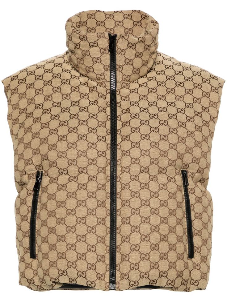 beige/brown cotton blend GG Supreme canvas padded design funnel neck front zip fastening side press-stud fastening sleeveless two side zip-fastening pockets cropped straight hem full lining Gucci Vest, Shoe Storage Hacks, Canvas Vest, Padded Gilet, Shoe Storage Solutions, Versace Brand, Ski Accessories, Outerwear Vest, Jackson Hole