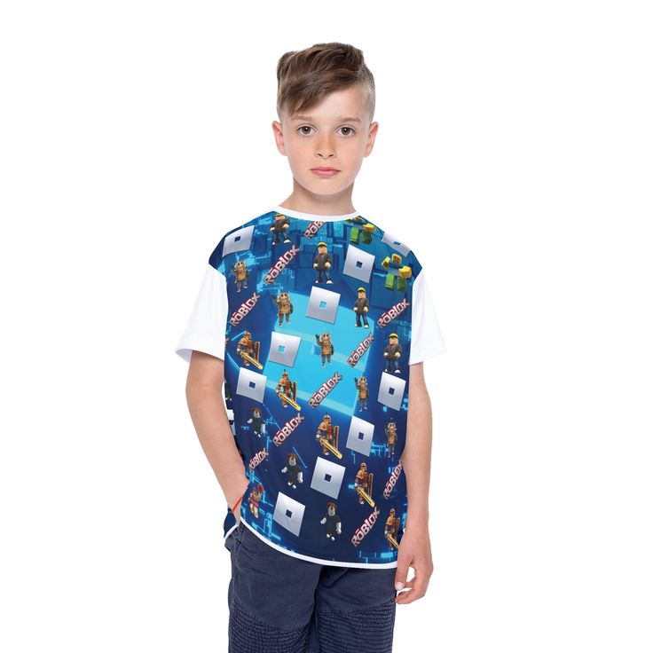 Roblox All-Over Print T-Shirt Make the little ones happy and give them the ultimate Roblox t-shirt, perfect for birthdays or just as a little surprise. Ideal for special fans, this unique t-shirt will help youngsters break records in style. Featuring characters, the Roblox logo and lettering, it offers a unique design that is sure to delight any Roblox fan. Product features: 🎨 Unique design: Roblox characters, the Roblox logo and lettering in a stunning all-over print. Ideal for special Roblox Character Print Crew Neck T-shirt For Playtime, Crew Neck T-shirt With Character Print For Playtime, Blue Sublimation Print T-shirt For Birthday, Blue Sublimation Print Top For Birthday, Blue Short Sleeve T-shirt, Logo Roblox, Roblox Logo, Police Logo, Roblox T Shirt