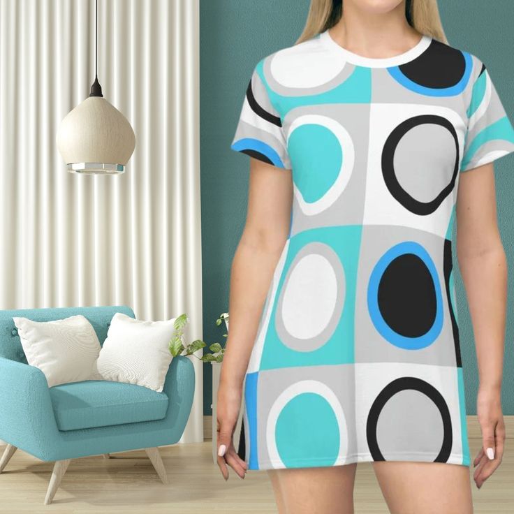 Retro T shirt dress mod 60's geometric print groovy dress vintage colors hippie dress funky print mini dress mid century dress gift for herLooking for that dress that makes you stand out in a crowd, then this cute retro mini dress is for you! Show them your flair for fun and look good doing it in this fun, mod, 60's inspired geometric dress!! Be sure to check out all the fun styles available. https://www.etsy.com/shop/LuluandSamCo  This All-Over-Print T-Shirt Dress is tagless, custom cut and sew Fitted Mini Length T-shirt Dress For Summer, Casual Graphic Print Patterned Dress, Casual Patterned Dress With Graphic Print, Trendy Printed Cotton Dresses, Trendy Fitted Dress With Abstract Print, Trendy Patterned Printed Dress, Spring Retro Print Patterned Dress, Patterned Retro Print Spring Dress, Short Sleeve Graphic Print Dress