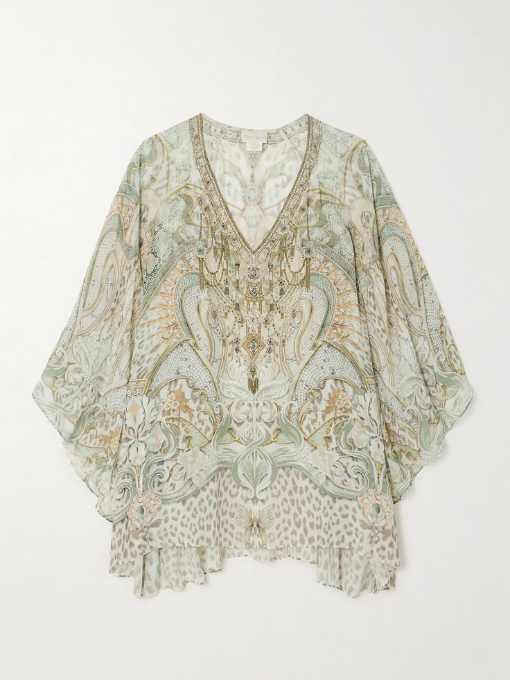 Camilla's kaftan is a glamorous choice for the beach or a pool party. It's made from silk-chiffon with a V-neckline and flowing batwing sleeves that'll drift in the sea breeze. Like most of the label's collections, it's ornately printed with light-reflecting crystals. Elegant Green Georgette Kaftan, Summer Embellished Georgette Kaftan, Bohemian Embellished Silk Kaftan, Spring Bohemian Georgette Kaftan, Bohemian Georgette Kaftan For Spring, Summer Georgette Tunic Kaftan, Bohemian Embellished Georgette Dresses, Chic Silk Kaftan For Beach Cover-up, Elegant Silk Chiffon Beach Dress