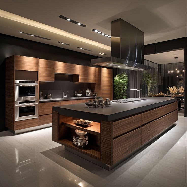 a modern kitchen with an island and stainless steel appliances in the center, surrounded by dark wood paneling