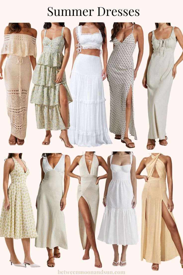 The ultimate guide to stunning Summer dresses: long and flowy maxi dresses, cute midi dresses, hot mini dresses - find your perfect sundress for any occasion. Casual dresses for a walk on the beach, classy and chic dresses for strolling through a coastal town, and vibrant and hot dresses for a night out. Refresh your wardrobe and look your best on your vacation! #SummerDresses #VacationOutfits #Sundress #LongSummerDress #ShortSummerDress #SummerDress #MaxiDress #WhiteSummerDress Summer Beach Dresses For Women, Summer Dresses For Beach Vacation, Beach Dress Ideas, Cute Midi Dresses, Elegant Sundress, Women Sundresses, Classy Beach Outfit, Trendy Summer Dresses, Beach Dress Outfit