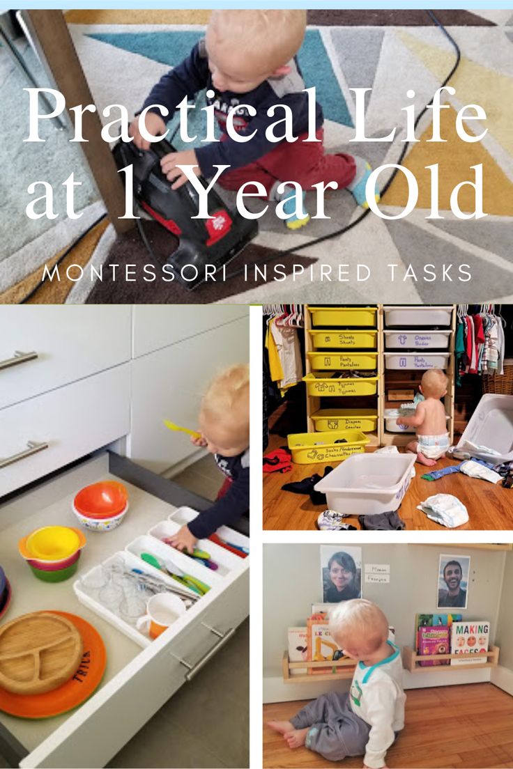 a collage of photos with babies playing and working in their montessori inspired tasks