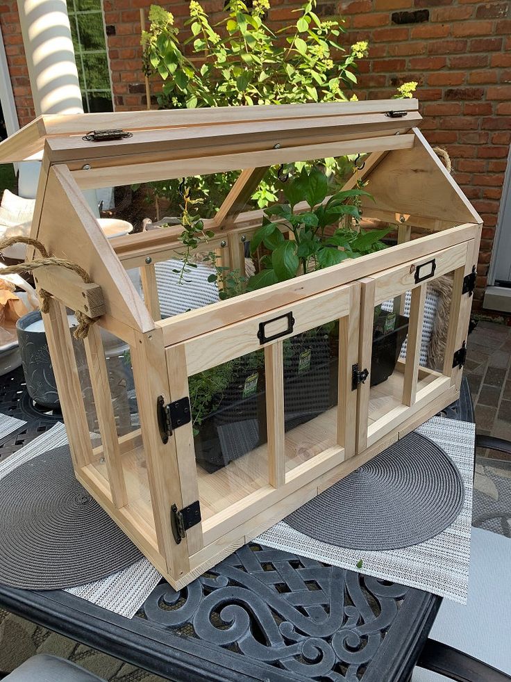 a small wooden greenhouse with plants growing in it's windowsills on a patio