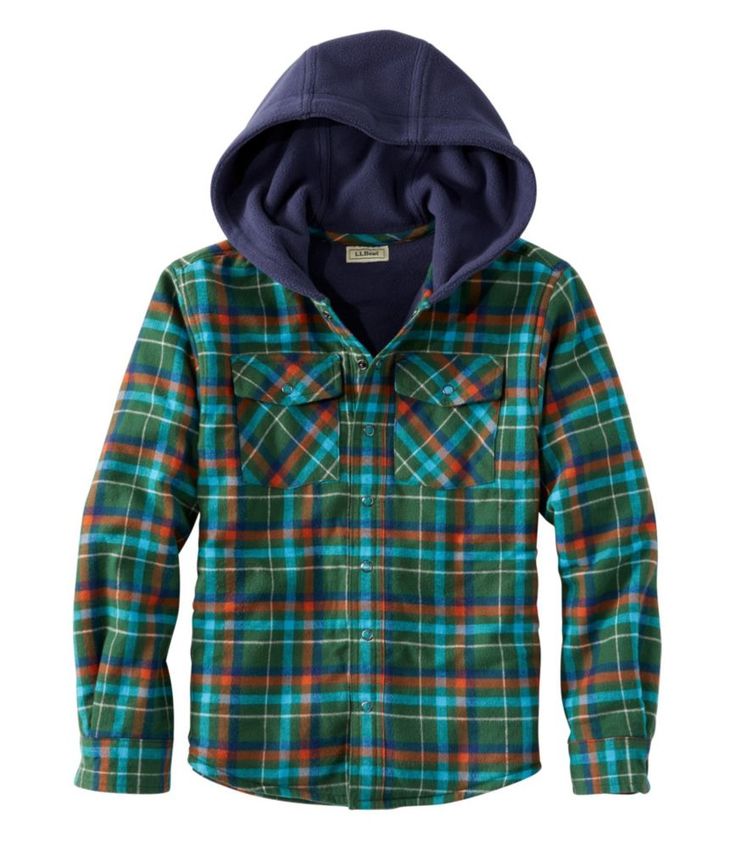 Our hooded shirt combines the best of both worlds: warm, breathable fleece and soft, yet rugged, flannel. Relaxed. 100% Portuguese cotton flannel. Lined with 100% polyester fleece. Machine wash and dry. Premium Portuguese flannel shell gets softer with every wash. Ideal for layering or as a light jacket. Two chest pockets and two side pockets hold essentials. Fleece hood for extra warmth when he needs it. Imported. | Kids' Fleece-Lined Flannel Shirt, Hooded Plaid Fleece Lined Flannel Shirt, Lined Flannel Shirt, Kids Fleece, Boys Fleece, Hooded Shirt, Plaid Tops, Ll Bean, Light Jacket, Cotton Flannel