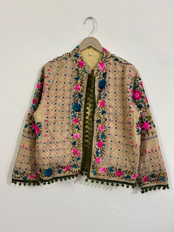 Woman's jacket cotton Designer embroidery. This jacket was hand-made with vintage style phulkari embroidery by artisans from the nomadic desert tribe known as "Banjara ", in the Northern India. The Jacket is no closure pattern with Long Sleeves and Vibrant Color  Size : Stitching available in all sizes you want Please Send all your measurements after placing order  Length 23 Inches Sleeve Length 23 Inches Chest - 44 Inches Shipping : Free worldwide shipping. (Note : Design of Embroidery May be c Phulkari Embroidery, Embroidered Jacket, Jackets For Women, Jackets & Coats, Sleeve Length, Vibrant Colors, Vintage Fashion, Embroidery, Long Sleeve