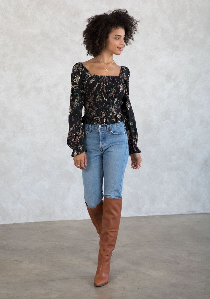 This season's must-have top is here! This ultra-boho style is designed in a trendy autumnal wildflower print. With a slim-fit smocked bodice, a flattering square neckline, and voluminous long sleeves. We love to pair this effortless style with denim and a simple gold chain. FINAL SALE Wildflower print Slim fit Smocked bodice Voluminous long sleeve Elastic flounce wrist cuff Cropped length Ruffled hemline Square neckline Bohemian top Model is 5'8, wearing a size S.Style: I-13715W-ROR-CD Fitted Smocked Top With Square Neck, Fitted Peasant Top With Smocked Bodice And Square Neck, Fitted Floral Print Blouse With Square Neck, Fitted Smocked Top With Ruched Square Neck, Casual Floral Print Smocked Top With Square Neck, Casual Floral Print Square Neck Smocked Top, Chic Fitted Floral Print Peasant Top, Fall Ruched Smocked Top With Square Neck, Fall Square Neck Ruched Smocked Top