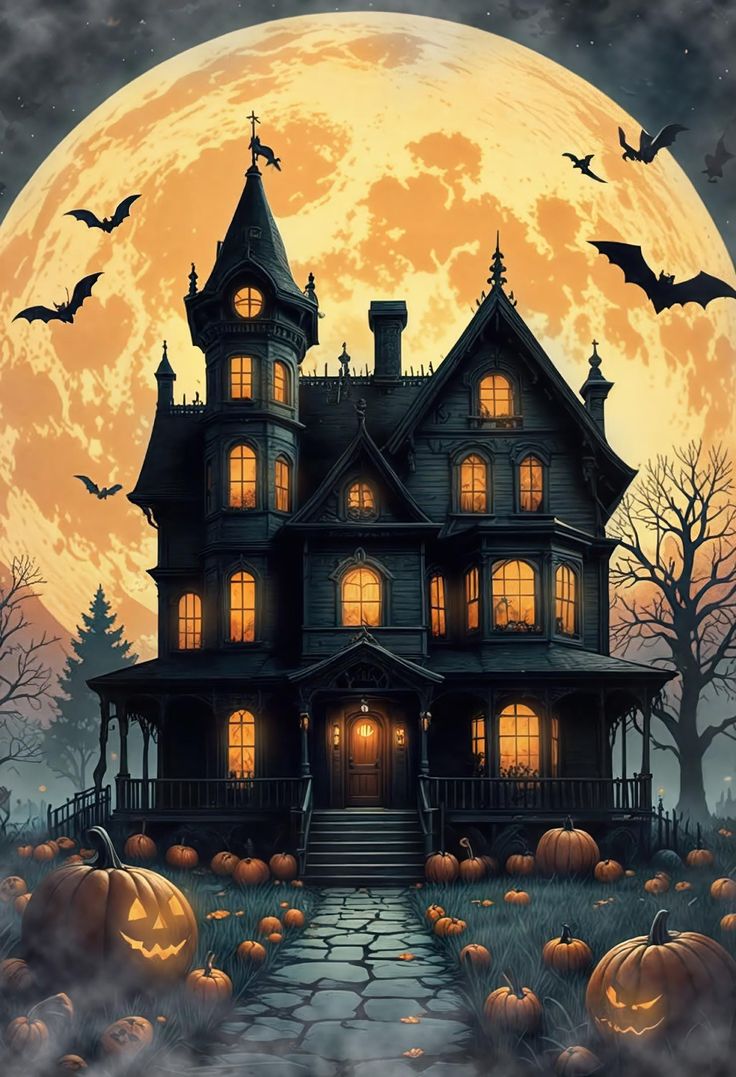 a creepy house with pumpkins and bats in front of the full moon on halloween night