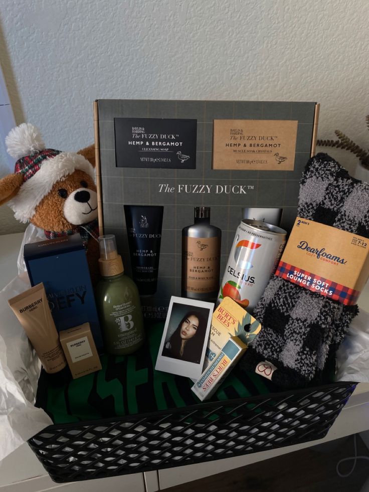 the gift basket is filled with personal care products and other items for someone to put in it