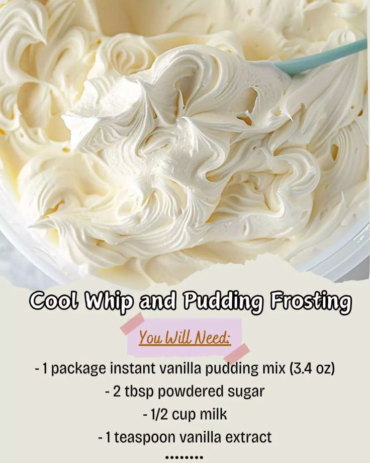 the ingredients to make whipped cream in a glass bowl are labeled cool whip and pudding frosting