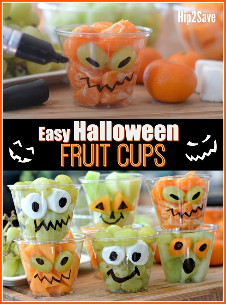 easy halloween fruit cups with faces and pumpkins in them for the kids to make