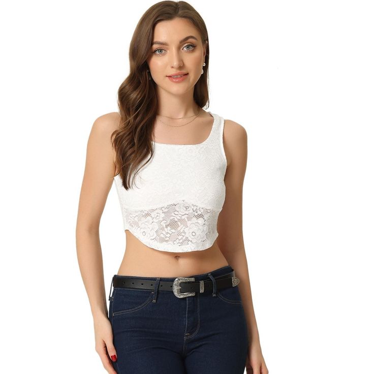 Elevate your evening ensemble with the Allegra K Women's Sleeveless Floral Lace Crop Tank Top. Perfect for those special nights out, this exquisite piece features a delicate semi-sheer floral lace that exudes sophistication and style.

- Material: Floral lace
- Color: White
- Size: X-Small
- Gender: Female
- Age Group: Adult

This crop tank top is designed to pair seamlessly with tight trousers or short skirts, creating a chic and captivating look. Whether you're heading to a party or a club, th Tank Tops White, Crop Top Sleeveless, Hot Top, Lace Crop Tops, Sleeveless Crop Top, Top Sleeveless, White Tank Top, Cropped Tank Top, Crop Tank