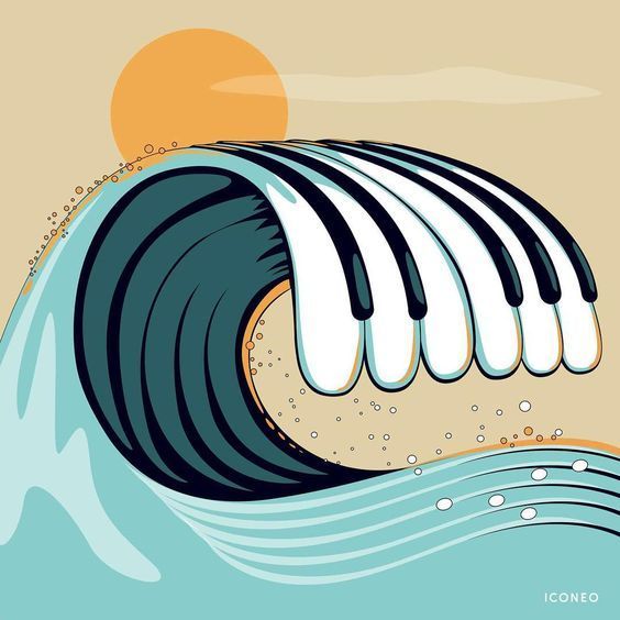 an illustration of a wave with the sun in the background