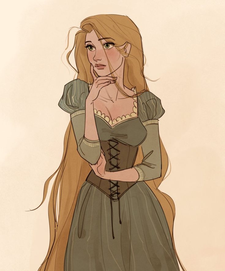 a drawing of a woman with long blonde hair wearing a green dress and holding her hand to her chin