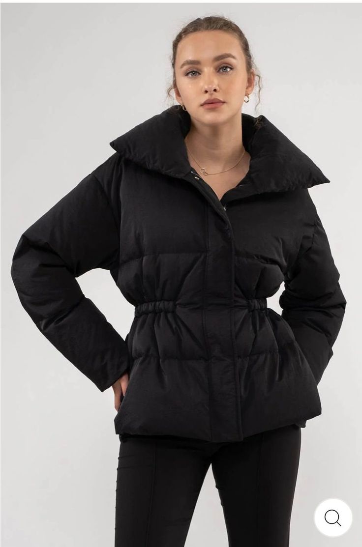 Vc1129 - 1 small -1 medium- 2 large - collared - zip up - elastic waist - long sleeve - pockets - puffer jacket - solid - shell:100% polyester lining:100%polyester ftlling:100% polyester fibers Fall Puffer Jacket With Zipper Closure, Solid Puffer Jacket With Zipper For Fall, Fall Puffer Jacket With Pockets, Solid Puffer Jacket With Ribbed Cuffs, Long Sleeve Puffer Jacket With Ribbed Cuffs, Solid Color Puffer Jacket With Ribbed Cuffs, Solid Long Sleeve Puffer Jacket, Spring Puffy Outerwear, Hooded Puffer Jacket For Work