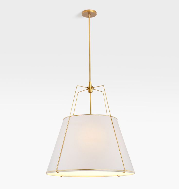 a light fixture with a white shade hanging from the ceiling