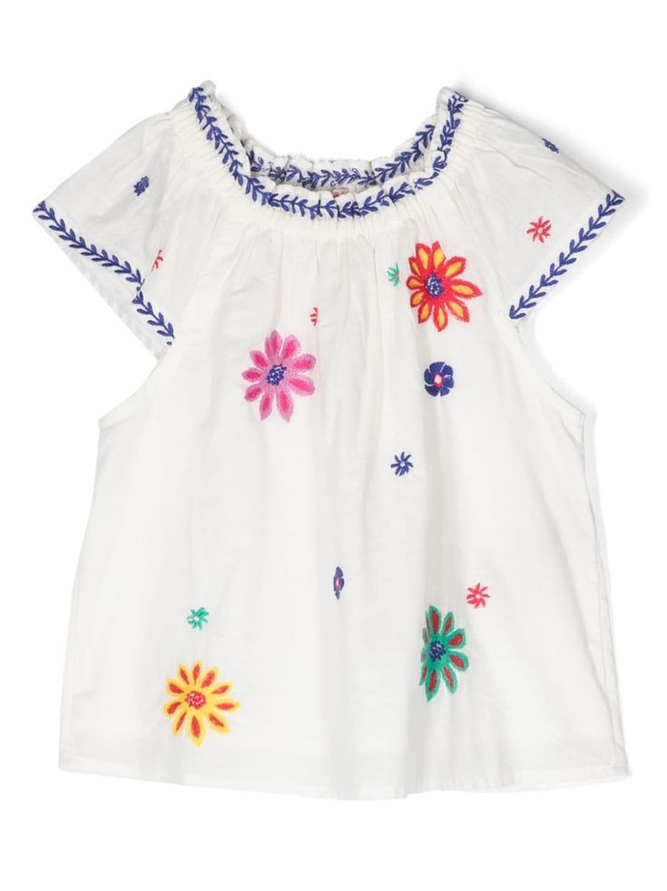 white/multicolour cotton floral embroidery gathered neckline cap sleeves straight hem cotton lining Gathered Neckline, Dress With Jean Jacket, Baby Boy Accessories, Burberry Kids, Dolce And Gabbana Kids, Girls Blouse, Cotton Blouse, Blouse White, Stella Mccartney Kids