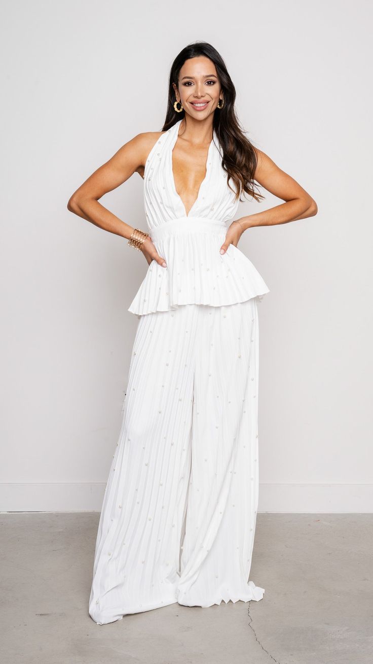 Product Details : V neck Pleated Pearls Halter top Wide Leg Pants Model is wearing a size small 81846 SET 7 White Dress Top, Pants Model, Jumpsuit And Blazer, Usa Outfit, Business Outfits, Floral Dress Black, Top Sales, Floral Midi Dress, Blazer Dress