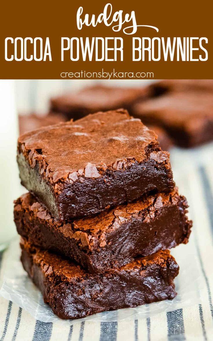 three chocolate brownies stacked on top of each other with the title in the middle