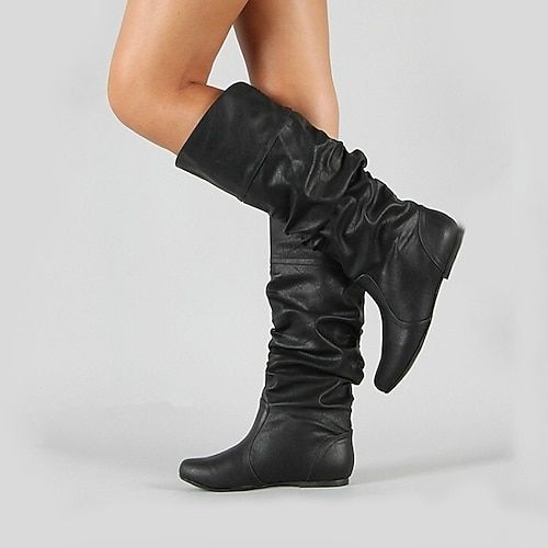 Category:Boots; Upper Materials:Faux Leather,PU; Season:Fall,Winter; Heel Type:Block Heel; Gender:Women's; Activity:Walking; Toe Shape:Round Toe; Type:Knee High Boots; Style:Basic,Casual; Heel Height(inch):1-2; Outsole Materials:Rubber; Occasion:Daily,Outdoor,Office; Closure Type:Loafer; Pattern:Solid Colored; Shipping Weight:0.871; Production mode:External procurement; 2024 Trends:Slouchy Boots,Plus Size; Foot Length:; Size chart date source:Provided by Supplier. Womens Black Boots, Knee Boots Flat, Knee High Boots Flat, Boots For Fall, Outdoor Office, Slouchy Boots, Faux Leather Boots, Slouched Boots, Cowboy Boots Women