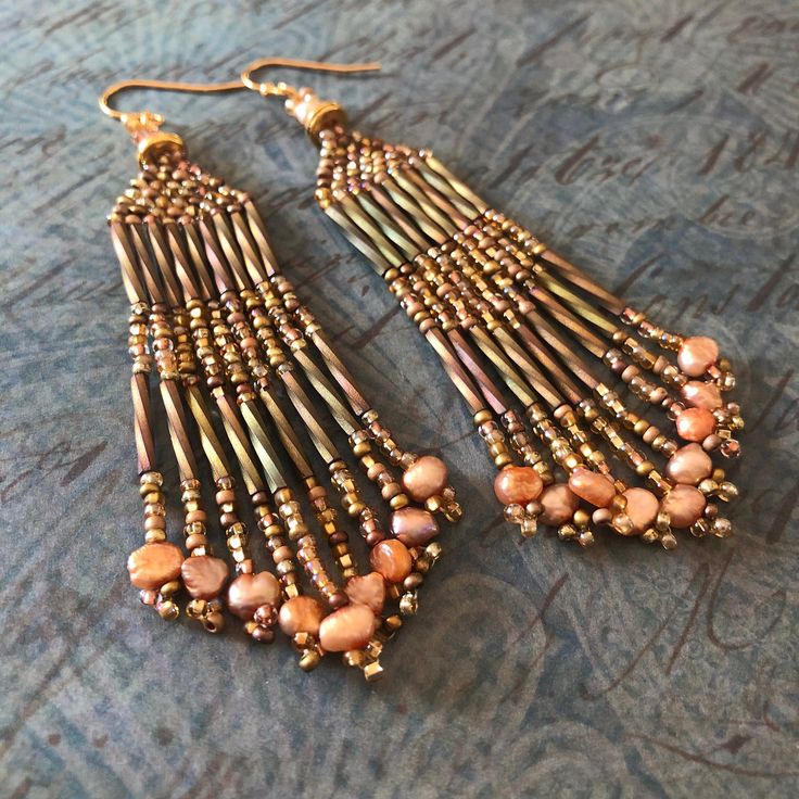 Seed Bead Antique Gold Freshwater Pearl Fringe Earrings - Etsy Pearl Fringe, Bead Work Jewelry, Freshwater Pearls Earrings, Bugle Beads, Earrings Wedding, Fringe Earrings, Chandelier Earrings, Jewelry Trends, Seed Bead