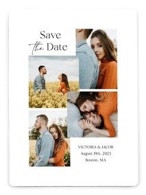 the save the date card is shown with four photos in it and two people hugging each other