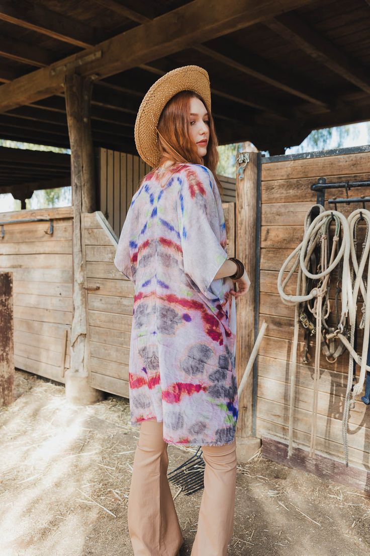 Are you looking for something special to rock at your next music festival? Look no further than the Daydream Tie Dye Cover Up! This kimono is full of stylish fun, sure to make you stand out in a crowd. You'll be the talk of the town with this pretty piece as your go-to festival must-have! #lovemyleto 100% Polyester Imported Bohemian Short Sleeve Kimono One Size, Bohemian Style Relaxed Fit Kimono For Festival, Bohemian Kimono Relaxed Fit For Festival, Bohemian Kimono For Festivals In Relaxed Fit, One Size Multicolor Kimono For Festivals, Oversized Kimono For Festivals, Multicolor Short Sleeve Kimono For Festivals, One Size Hippie Kimono For Festivals, Short Sleeve Multicolor Kimono For Festival