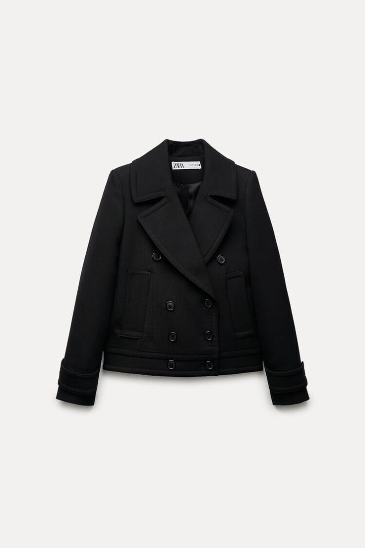 Get ready to turn heads with this stunning Zara double-breasted wool short coat/jacket in black, size M. The classic fit and solid pattern make it perfect for any occasion, from travel to business meetings. The jacket features a button closure and long sleeves, making it suitable for fall, winter, and spring seasons. Made from a high-quality blend of 64% polyester, 35% wool, and 1% elastane, the outer shell material gives the jacket a luxurious look and feel. The coat also comes with a 100% viscose lining material to keep you warm and comfortable. This stylish pea coat has all the qualities of a wardrobe staple and is a must-have for any fashion-savvy woman. Classic Black Wool Coat With Double-breasted Buttons, Black Wool Coat With Double-breasted Button And Notch Lapel, Black Pea Coat With Notch Lapel And Double-breasted Button, Black Double-breasted Wool Coat, Black Double-breasted Pea Coat With Notch Lapel, Black Wool Coat With Double-breasted Buttons, Black Double-breasted Pea Coat With Lapel Collar, Business Black Double-breasted Pea Coat, Classic Black Double-breasted Wool Coat