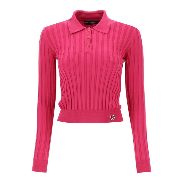 Dolce&Gabbana Long-Sleeved Polo Shirt Crafted In Pure Silk Ribbed Knit. It Features Classic Collar, Partial Button Placket And It's Embellished With Silver-Tone Metal Logo On The Hem. Fitted. The Model Is 177 Cm Tall And Wears Size It 40. Material: 100% Se. Made In: Italy. Color: Fuchsia. Collection: Fall - Winter 2023. Sku: Fxl40t Jbse9. Modecraze Is An Online Platform That Offers The Best Designer Products From Europe To Customers All Over The World. Our Exclusive Partnerships With European Re Pink Fitted Luxury Tops, Luxury Fitted Tops With Ribbed Collar, Luxury Fitted Pink Tops, Designer Winter Tops, Red Long Sleeve Tops, Latest Fashion Design, Dolce E Gabbana, Long Sleeve Polo Shirt, Metal Logo