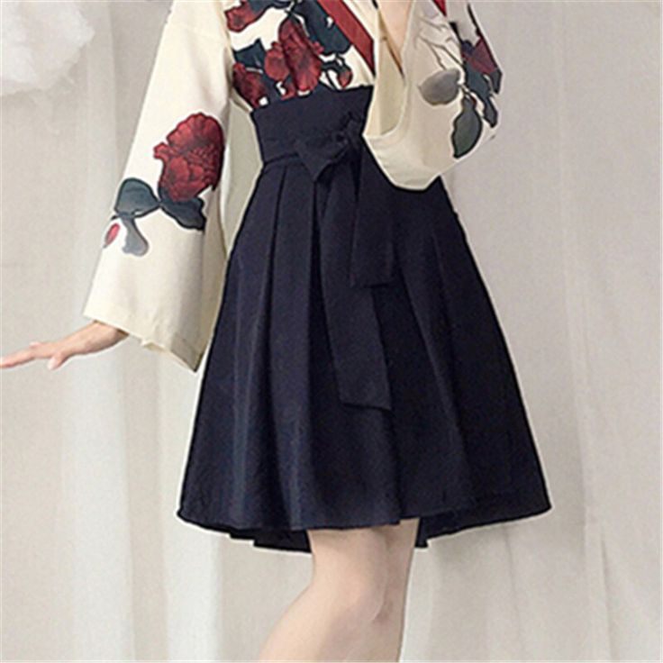 Color: One Black ShortSkirt, Size: M Fashion Costume Halloween, Japanese Costume, Belt Skirt, Long Sleeve Kimono, Bow Skirt, Print Chiffon Dress, Pacific Islands, Kawaii Dress, Bow Belt