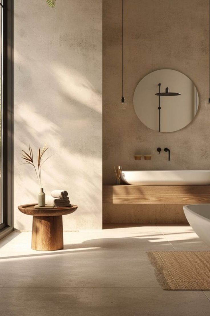 a bathroom with a sink, mirror and bathtub next to a large open window