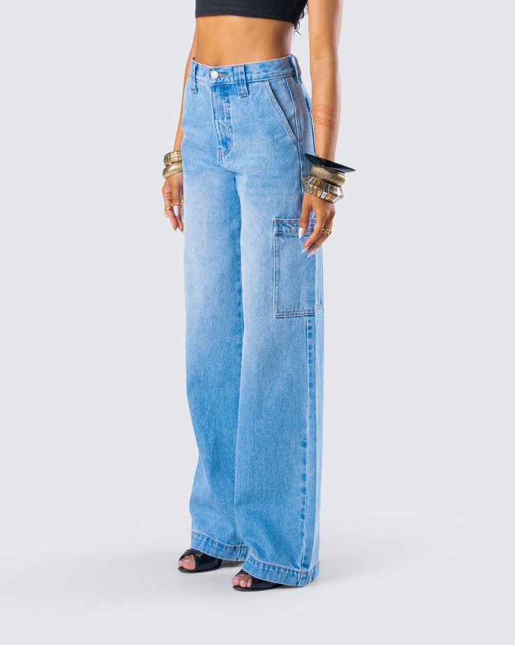 Baggy pants for the win 🙌 Made from denim fabric and featuring trouser pant detailing, a high rise fit, and wide legs - these cargos will add a touch of street chic to any look 💙 Medium Wash Wide Leg Cargo Jeans With Belt Loops, Wide Leg Cargo Jeans In Medium Wash, Spring Utility Wide Leg Flare Jeans, Wide Leg Denim Blue Cargo Jeans With Belt Loops, Spring High Rise Utility Flare Jeans, Spring High-rise Utility Flare Jeans, Casual Wide-leg Jeans With Belt Loops, Medium Wash Straight Leg Cargo Jeans With Belt Loops, Spring Utility Cargo Jeans Straight Leg