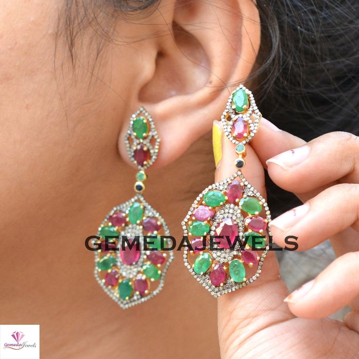 Ruby Gemstone Earrings, Emerald Earrings, Pave Diamond Earrings, Gold Vermeil Earrings, 925 Silver Earrings, Gemstone Silver Jewelry, Gifts Gross Weight: Gemstone Weight: Diamond Weight: Earrings Size: NOTE:- All The Products Are Designed And Manufactured In My Workshop By Me & My Team. Shown Products Are Purely Handmade. Custom Orders Are Open Handly Accepted. We Are the Perfect Choice For Any Custom Jewelry Manufacturing. For Bulk Orders Please Message me. Visit My Store For More Offers. T Formal Stone Drop Earrings, Formal Drop Earrings With Stones, Multi-stone Cubic Zirconia Earrings For Anniversary, Multi-stone Cubic Zirconia Anniversary Earrings, Pendant Earrings Hand Set As Gift, Multi-stone Drop Earrings For Gift, Formal Sterling Silver Earrings With Stones, Hand Set Drop Earrings For Gift, Multi-stone Drop Earrings For Anniversary