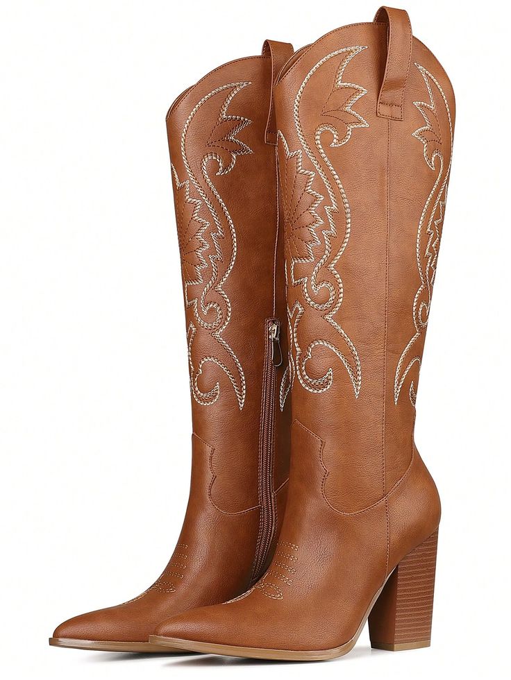 Women Western Knee High Boots Embroidered Chunky Block Heel Cowboy Boots Pointed Toe Pull On Cowgirl Boots Brown         Women Shoes, size features are:Bust: ,Length: ,Sleeve Length: Boots Embroidered, Heel Cowboy Boots, Brown Women, Chunky Block Heels, Boots Women Fashion, Womens Knee High Boots, Boots Brown, Cowgirl Boots, Kids Beachwear