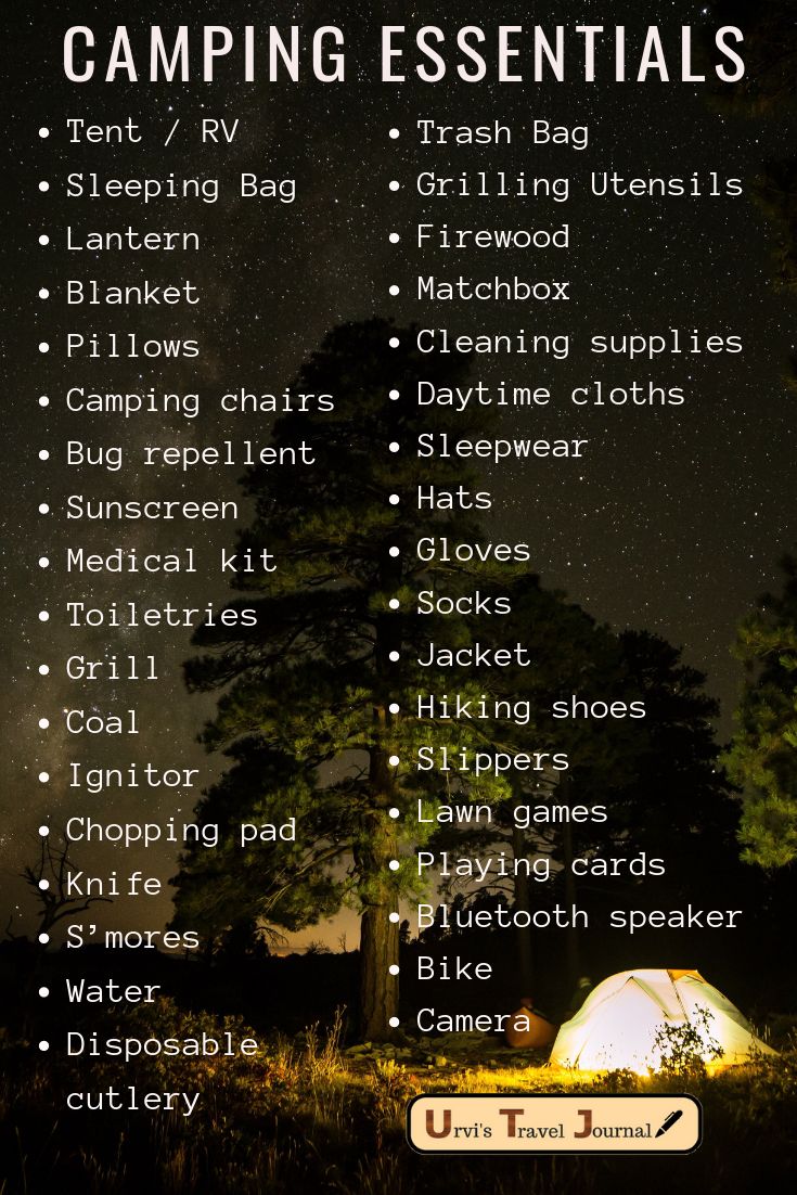 the camping essentials list is displayed in front of a night sky with stars and trees