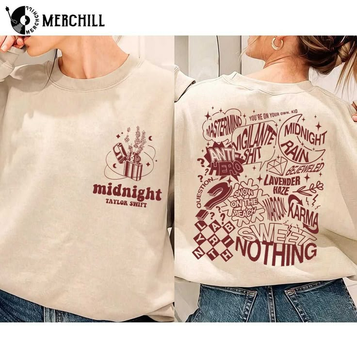 two women wearing sweatshirts with the words midnight and nothing written on them in different languages