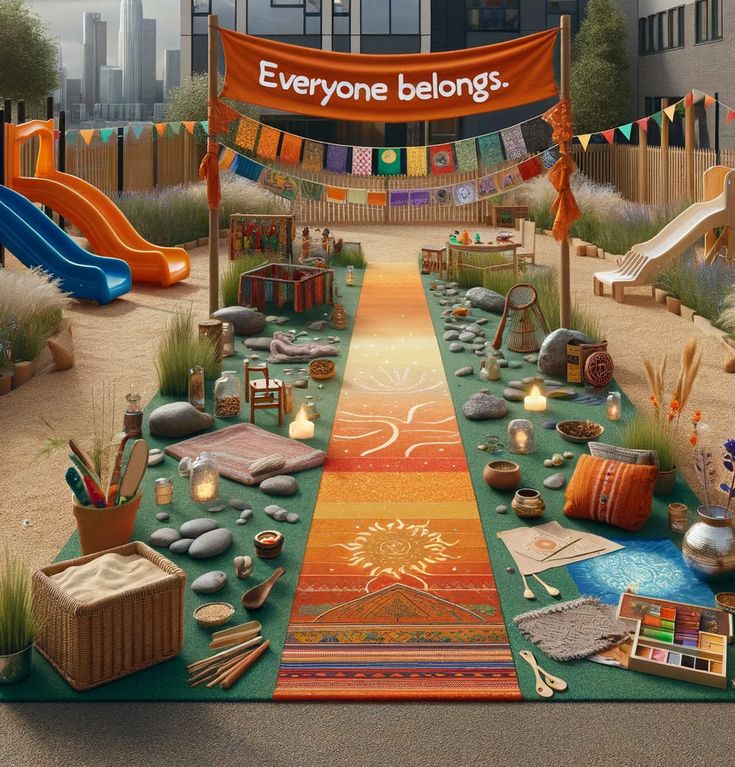 an artist's rendering of a colorful playground with lots of toys and decorations on the ground