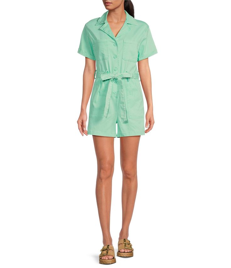 From Skies Are Blue&#x2C; this romper features:Solid cotton twill fabricationNotch collar necklineShort sleevesTwo patch chest pocketsTwo utility front waist pocketsBelt loopsSelf-tie removable beltButton front closureApprox. 28" inseamCotton/spandexMachine wash/Tumble dryImported. Casual Collared Belted Jumpsuits And Rompers, Casual Belted Collared Jumpsuits And Rompers, Cotton Jumpsuits And Rompers For Work With Tie Waist, Spring Jumpsuits And Rompers With Belt Loops, Summer Utility Cotton Jumpsuits And Rompers, Utility Cotton Jumpsuits And Rompers For Summer, Cotton Utility Jumpsuits And Rompers For Summer, Casual Collared Cotton Jumpsuits And Rompers, Casual Cotton Collared Jumpsuits And Rompers