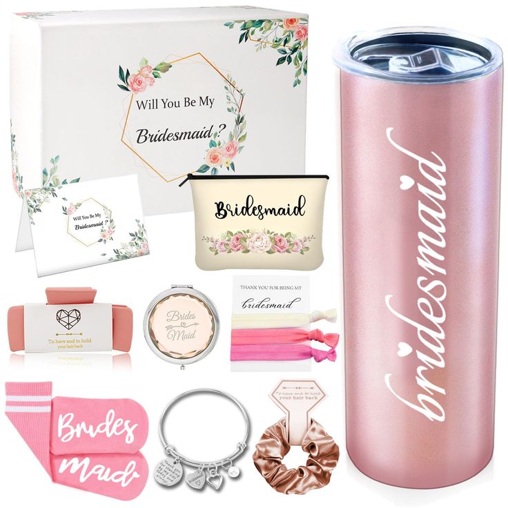 the bridesmaid gift set includes a pink stainless steel tumbler, bracelets, and jewelry