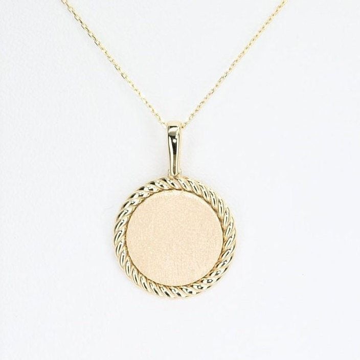 14k Solid Gold Engravable Disc Charm, Real Gold Premium Disc Pendant, Round Charm Necklace For Her. All of the materials including pendant and chain are 14k Solid Gold.  Dimensions - Chain width: 1.20 mm.  Pendant Width: 19.7 mm.  Pendant Height: 28.0 mm. 💙 Our jewelry is handcrafted with love and great care at San Francisco Bay! All of our items are 14k stamped for authenticity. 💙 You will receive them exactly as pictured. We don't use any filters, all photos are authentic and unedited. 💙 The material is 14k solid gold and should not be confused with gold plating or filling. It won't tarnish or fade over time. 💙 Our chain is a special diamond cut chain with 1.20 mm thickness. It's dainty and sturdy. We're offering the finest quality in solid gold jewelry. 💙 Quick shipping - Your orde Handwriting Necklace Custom, Natural Pearl Ring, Alexandrite Jewelry, Initial Disc Necklace, Solid Gold Charms, Gold Pearl Ring, Wave Necklace, Stacked Necklaces, Handmade Fine Jewelry