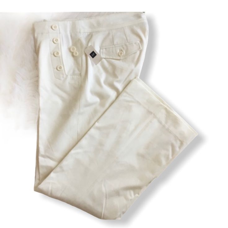 Cream Pants By Gap. New! Authentic Trades Chic Straight Pants By Gap, Elegant Gap Straight Leg Bottoms, Fitted Summer Pants With Buttons, Gap Cotton Wide Leg Bottoms, Gap Wide Leg Pants For Spring, Gap High Waist Fitted Bottoms, Classic Gap Bottoms For Workwear, Gap High-waisted Work Pants, Gap Fitted Straight Leg Bottoms